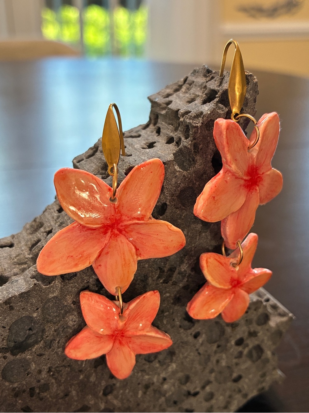 Handmade Coral Plumeria Double Dangle Earrings